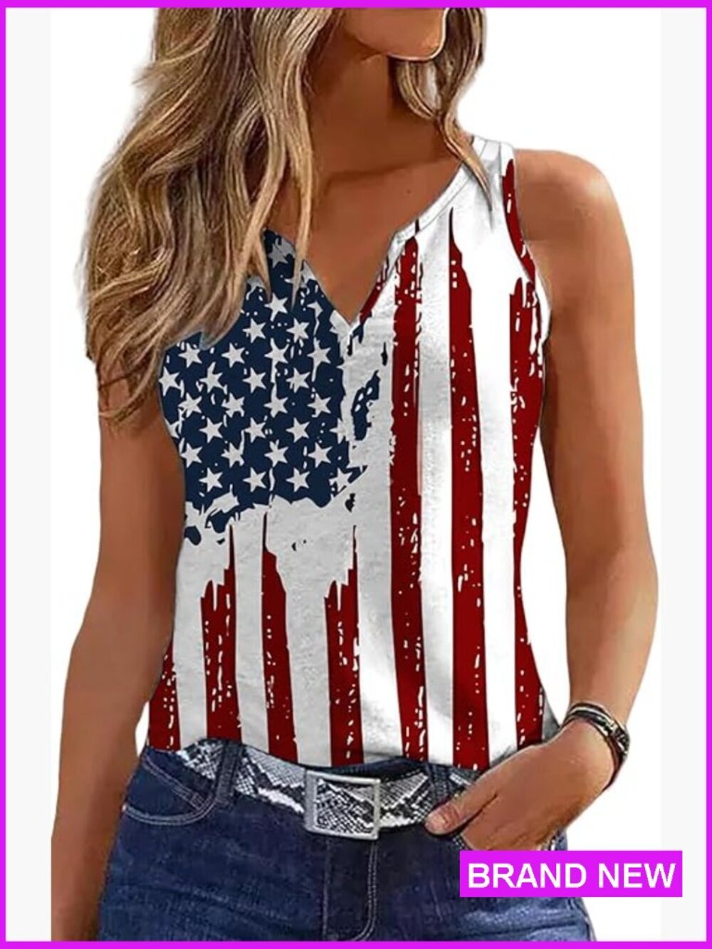 Patriotic V-Neck Tank Top USA Flag Print Sleeveless Tee Summer Blouse